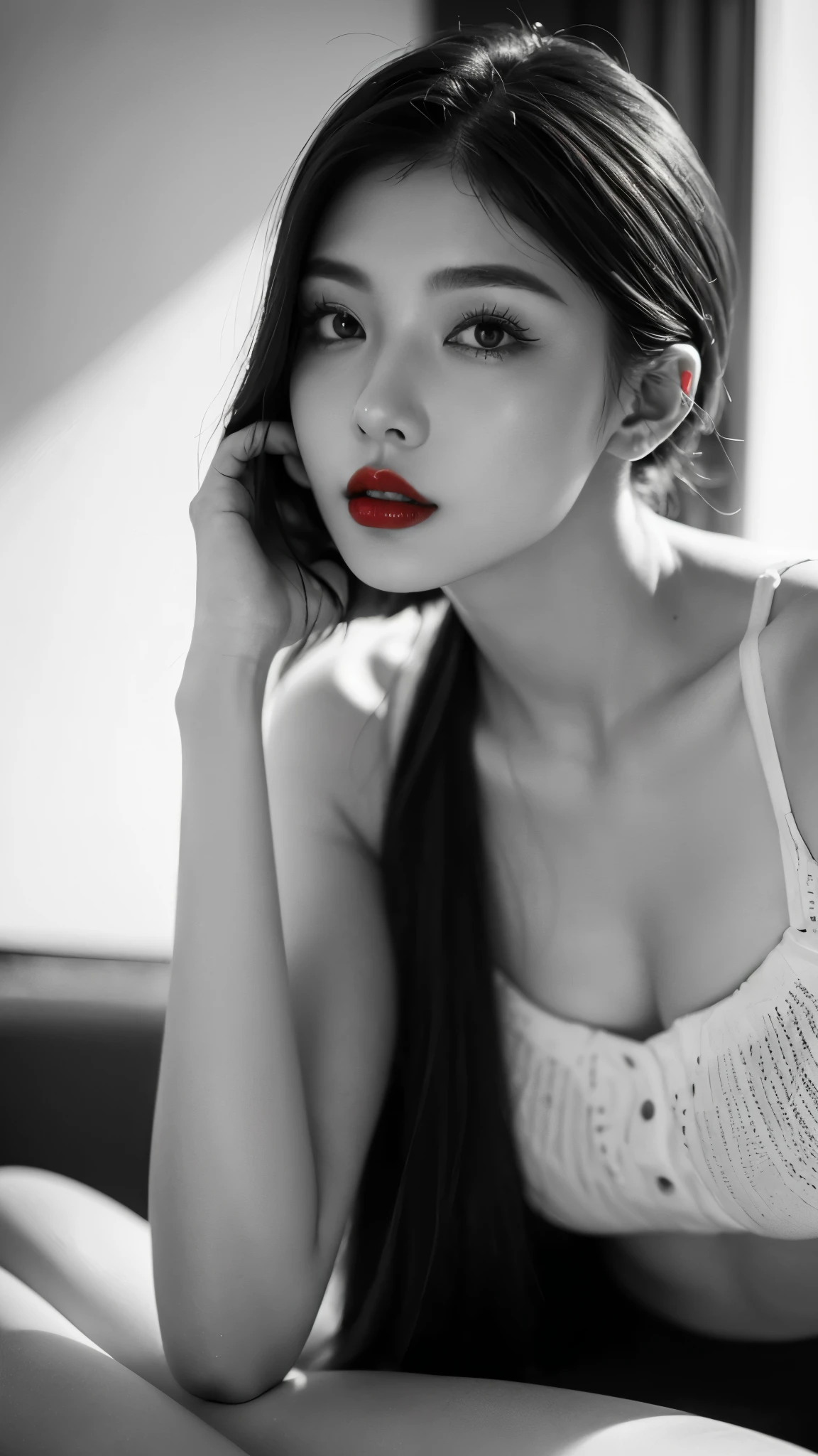 (((Black and white art:1.2、Black and White Photography、RAW Photos、Film Grain)))、Beautiful woman、Small Nose、((Fuller lips、Sexy red lips:1.3))、Attractive hairstyle、Highest quality、High resolution、High resolution、Light、Black and White Photography、Professional Photographer,((((Completely naked)))),(((nsfw)))