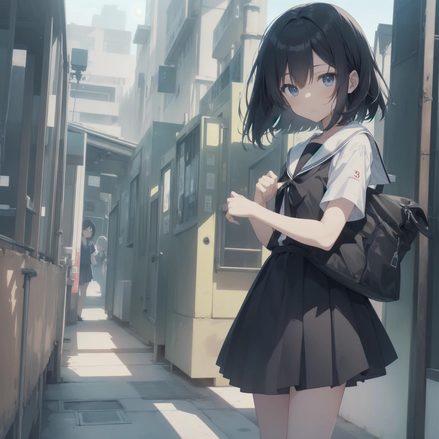 ultra-absurdres-Top quality by artist God, ultra-detailed, high resolution, anime moe artstyle, best anime 8k konachan wallpaper, pixiv contest winner, pool:2810, perfect anatomy,break, 1girl, (Please draw a girl walking sleepily to school alone. )break,(Solo,little female, 13-year-old:1.3),Full limbs, complete fingers,a junior high school student, (very short hair), short cut, flat chest, , small butt, small black eyes, beautiful detailed eyes, well-proportioned iris and pupils, expressive eyes, highres detailed hair, soft expression, salor school_uniform, sailor collar, serahuku, bow, pleated skirt,(Detailed Lighting), (Detailed background), in the School commute route. break,super detailed skin, Best cinematic lighting powered by famous artist, 8k,beauty illustration,photoshop_(medium),very aesthetic,break,((artist:toosaka_asagi )), artist:clamp ,artist:carnelian ,artist:kantoku ,