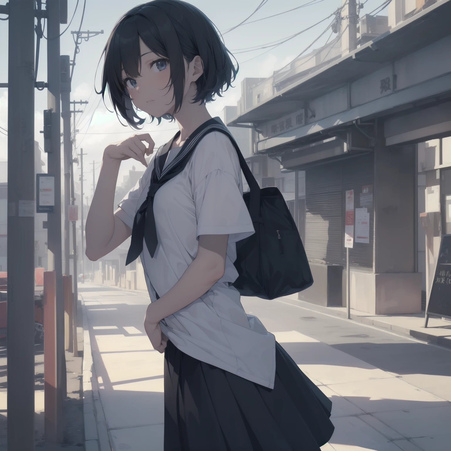 ultra-absurdres-Top quality by artist God, ultra-detailed, high resolution, anime moe artstyle, best anime 8k konachan wallpaper, pixiv contest winner, pool:2810, perfect anatomy,break, 1girl, (Please draw a girl walking sleepily to school alone. )break,(Solo,little female, 13-year-old:1.3),Full limbs, complete fingers,a junior high school student, (very short hair), short cut, flat chest, , small butt, small black eyes, beautiful detailed eyes, well-proportioned iris and pupils, expressive eyes, highres detailed hair, soft expression, salor school_uniform, sailor collar, serahuku, bow, pleated skirt,(Detailed Lighting), (Detailed background), in the School commute route. break,super detailed skin, Best cinematic lighting powered by famous artist, 8k,beauty illustration,photoshop_(medium),very aesthetic,break,((artist:toosaka_asagi )), artist:clamp ,artist:carnelian ,artist:kantoku ,