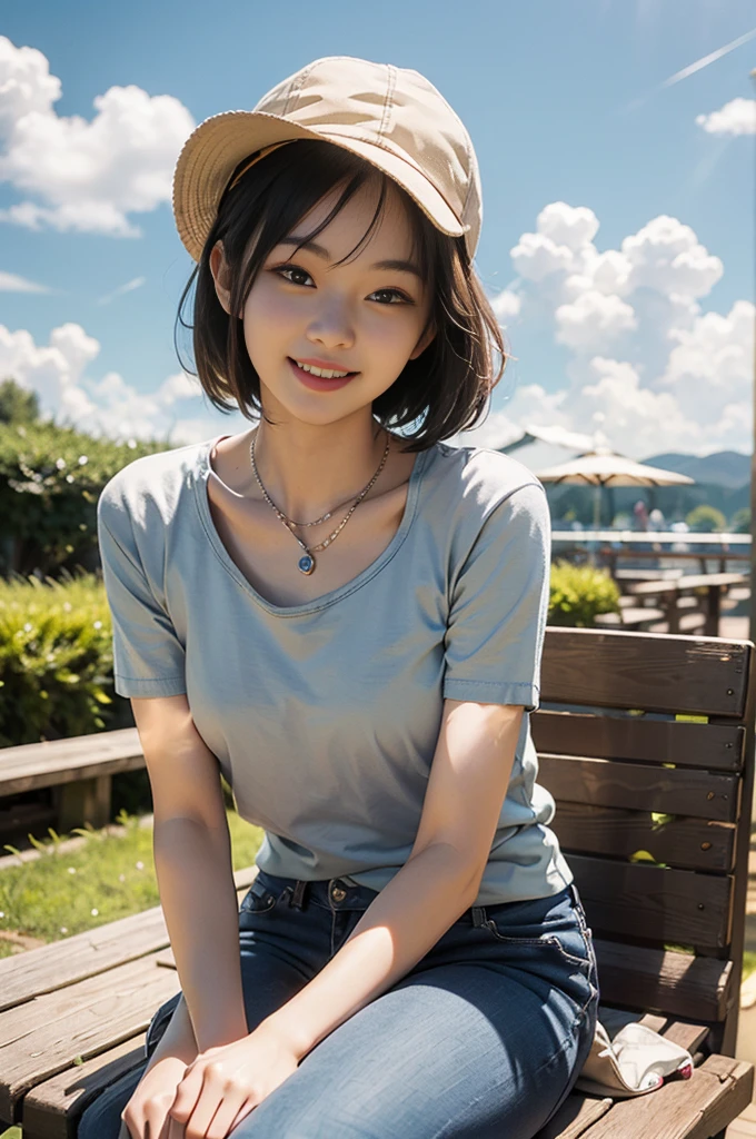 Best image quality、Ultra-high resolution、Tabletop、Photo quality(Realistic:1.8)、pores、Accuracy、ASİAN, japanese girl, Japanese women、23-year-old girl、Black-haired、cuteえくぼ、Young Face、cute、Short Bob、Slender girl、Small breasts、 Flat Chest、To the camera、Turn your body forward、Gravure Beautiful Girl、Sitting on a bench、whole body、grass、garden、Blue Tank Top、Slim pants、Silver necklace、Newsboy cap、Bowling shirt、White sneakers、blue sky、White cloud、Light of the sun、Reflective plate、Protruding、Laughing with your mouth open、White teeth、Happily、Look straight ahead、