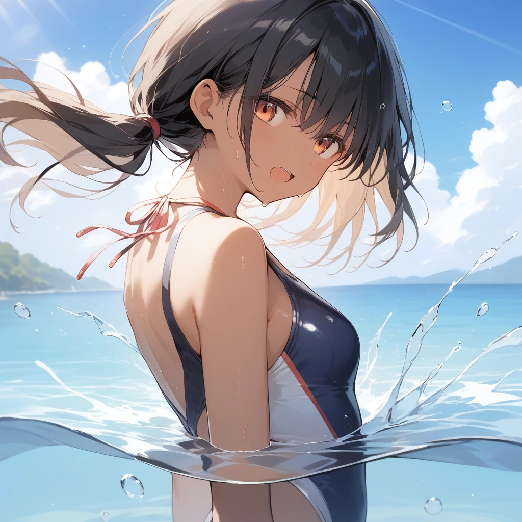 score_9, score_8_up, score_7_up, source_anime, best quality, masterpiece, official art, absurdres, highres, ultra-detailed,waifu2x,Collection: Slice of Life,break,1girl, tomboy, dark-skinned female, short hair, low ponytail, small , beautiful detailed eyes, swimsuit, sweat, open mouth, (yawn:0.3), sleepily, swimming, outdoors, wind, break,(clear line illustration:1.2),very high resolution, very aesthetic, super detailed skin, Best sexual ng powered by famous artist, 8k,cute picture,beauty illustration,photoshop_(medium),,(Detailed Lighting),best anime 8k konachan wallpaper, pixiv contest winner,
