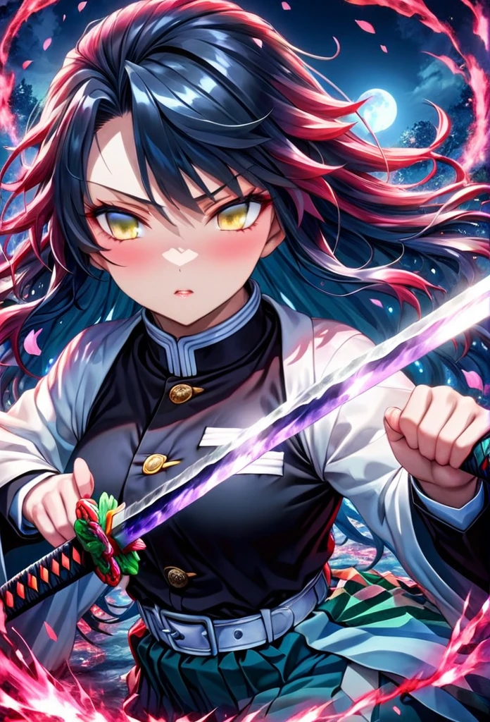 Ultra detailed, highres, absurdres, HDR, master piece, anime, pretty woman with white long hair with red streaks, woman with yellow eyes, black demon slayer uniform, Kimetsu No Yaiba, fantasy, red and blue petals, blood power, Tomioka Giyu, Water Hashira power, training with swords, magic, moon, best quality, extremely detailed face, anime, they are training with katanas, secretly love each other, hashira training swords, Giyu Tomioka fighting with pretty woman