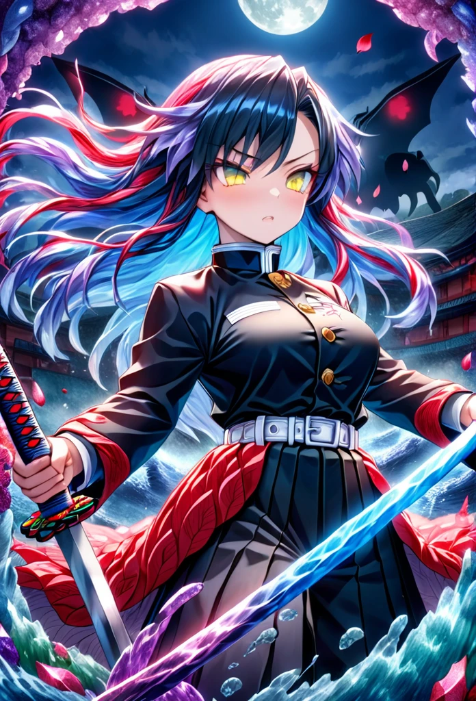 Ultra detailed, highres, absurdres, HDR, master piece, anime, pretty woman with white long hair with red streaks, woman with yellow eyes, black demon slayer uniform, Kimetsu No Yaiba, fantasy, red and blue petals, blood power, Tomioka Giyu, Water Hashira power, training with swords, magic, moon, best quality, extremely detailed face, anime, they are training with katanas, secretly love each other, hashira training swords, Giyu Tomioka fighting with pretty woman