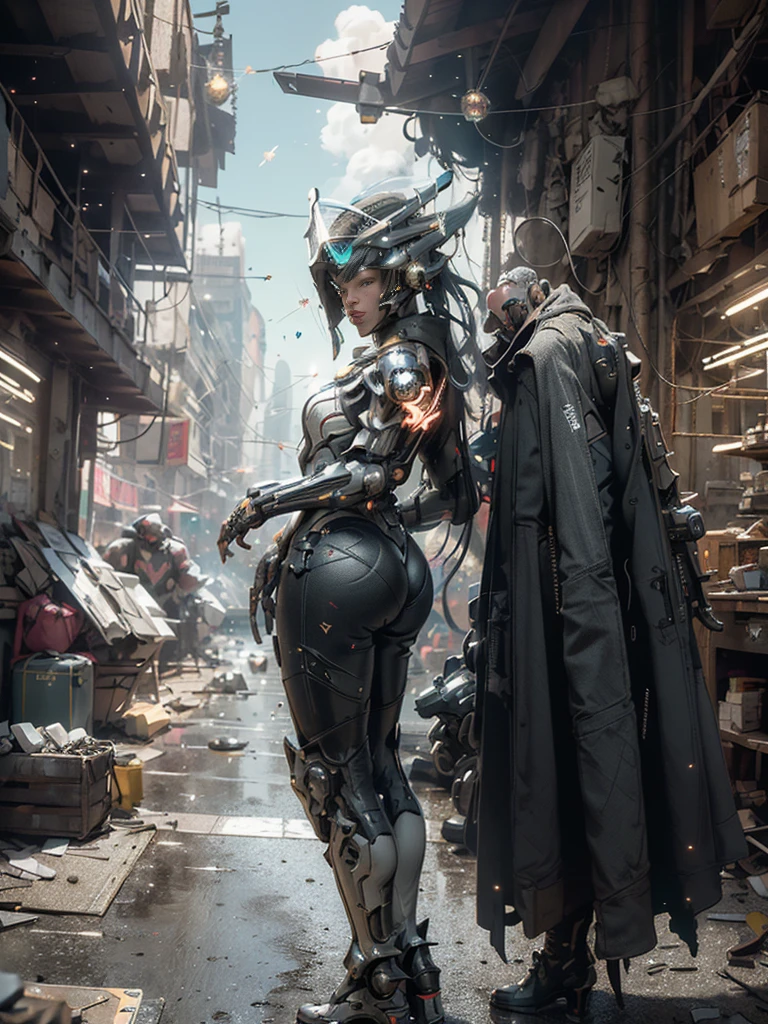 there is a robot that is standing in a narrow alley, peter gric and dan mumford, james jean marc simonetti, by Peter Gric, christophe young eytan zana, lucasfilm jesper ejsing, cgsociety ), craig mullins nekro, james jean soft light 4k, james jean soft light 4 k, weta studio and james jean --auto --s2