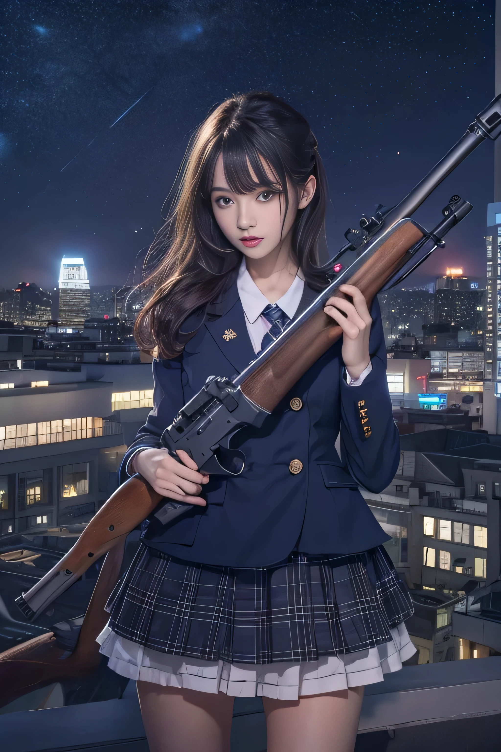 (Raw quality:1.4), 1 female、(so beautiful)、(Beautiful Face:1.5)、(Detailed face)、Are standing、(High School Uniform)、Dark blue jacket、White shirt、tie、Checked mini skirt、Brown Hair、(Heavy makeup)、(Hold the rifle)、(Point your rifle:1.5)、H&In the case of hK416、(On the roof of a high-rise building), night, Starry Sky, milky way,