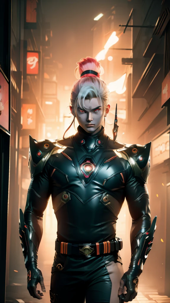 (masterpiece) finest quality, ultra-detailed, ultra-realistic, 20 year old men, piercing glace, cyberpunk outfit, 1 red/pink eye, 1 orange eye, both eyes glowing, glowing eyes, futuristic tokyo background, night time, tokyo on fire, rainy weather,