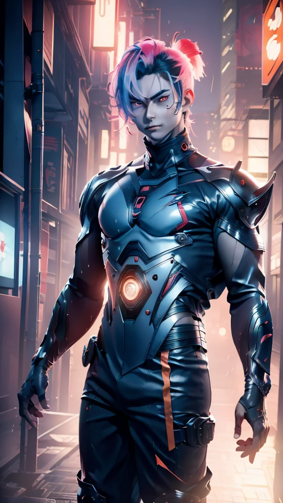 (masterpiece) finest quality, ultra-detailed, ultra-realistic, 20 year old men, piercing glace, cyberpunk outfit, 1 red/pink eye, 1 orange eye, both eyes glowing, glowing eyes, futuristic tokyo background, night time, tokyo on fire, rainy weather,