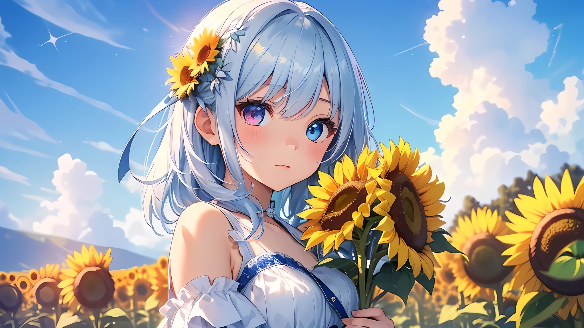 Best quality、Photorealistic、Ultra-detailed、delicate、Orderly、High Detail、Bluish Silver Short Bob、(Drooping heterochromia iris,glowing eyes、Sparkling Eyes:1.3)、slender、(One girl:1.2)、(sun、noon、A sky filled with cumulonimbus clouds、blue sky、Sunflower flower garden、Bursting light、Girl holding a bouquet of sunflowers:1.3)、Ambient Occlusion、Ambient Light、Ray-traced Reflections、Glow、Shiny Hair、