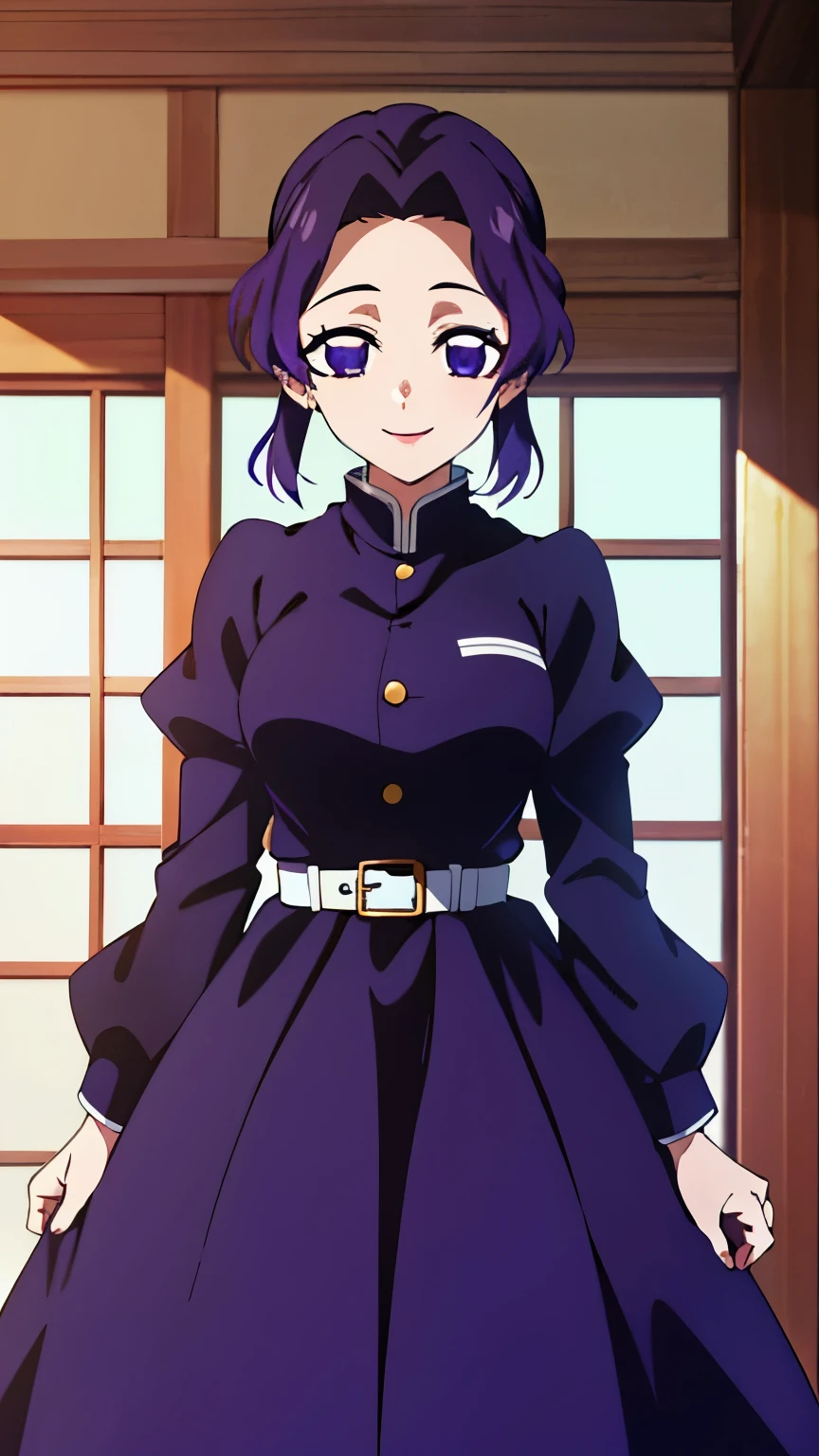 (Top Quality, 8K, High Resolution, Masterpiece: 1.2), Anime, Shinobu Kocho, 1 Girl,solo, Perfect Face, Perfect Eyes, Soft Expression, Medium Breasts, Purple Hair, Short Hair,large butterfly hair clip, Pretty Parted bangs, purple eyes, narrow eyes, ((princess dress, smile,  cowboy shot)), viewer appreciation,