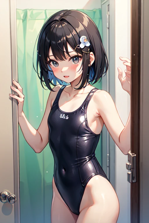 Black Hair、Iris、short hair、girl、cute、、、Small hair ornament、The background is the changing room、Changing into a swimsuit、Embarrassed look