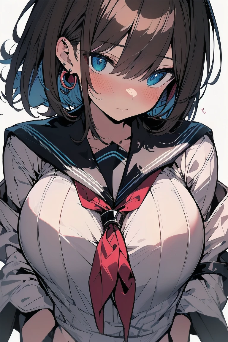 (best quality), (Super detailed), (Best Illustration), (masterpiece), (woman), hands on own chest, {(white serafuku:1.2)}, (large breasts:1.2), {brown hair, (sideburns), (bob cut:1.3), curly hair, hairs between eyes, colored inner hair}, {(detailed eyes), blue eyes}, embarrassed, blush, earring, wind, white background