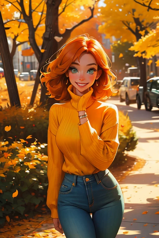Perfect face, Perfect hands. An orange haired woman with green eyes and an hourglass figure in a yellow sweater and jeans is spinning in a flurry of autumn leaves with a big smile