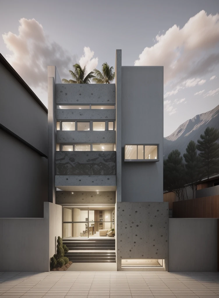 architectural concrete_finish, modern house, fair-face concrete, concrete, street view, in the mountains (masterpiece) 