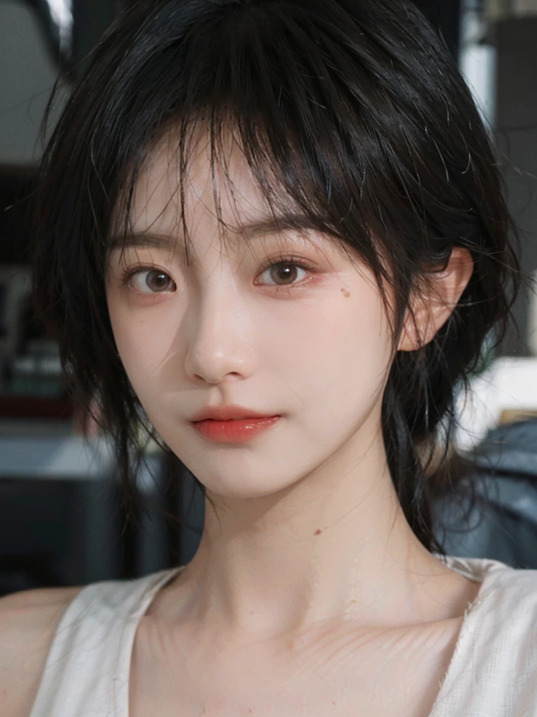 (Skin details:1.4), (smooth skin textures:1.3), Lipstick, background,海滩background, Looking at the audience,earrings, serene, calm, (Realistic and detailed eyes:1.2), Natural skin texture, Realistic facial details, Soft dramatic lighting, Vivid details, 35 mm film, outdoor, (Photo Practical:1.4), (hyper Practical:1.4), (Practical:1.3), (Smoother lighting:1.05), (Improve lighting quality:0.9), (Highest quality real skin textures:1.4), Exquisite eyes, Delicate face, Close-up of face, (Enhance the beauty of skin texture:1.1), Hair details, Vest,normal body ratio, short hair, Moles under the eyes, thinking, A faint smile,公园background,Portrait Photography, Depth of Field, Bokeh, Surrealism, Ray Tracing, (Portrait Photography:1.1), Surrealism, High Detail, Chiaroscuro, Ray Tracing, reflected light, Ultra HD, Ultra HD, masterpiece, Textured Skin, Super Detail, High Detail, high quality, best quality