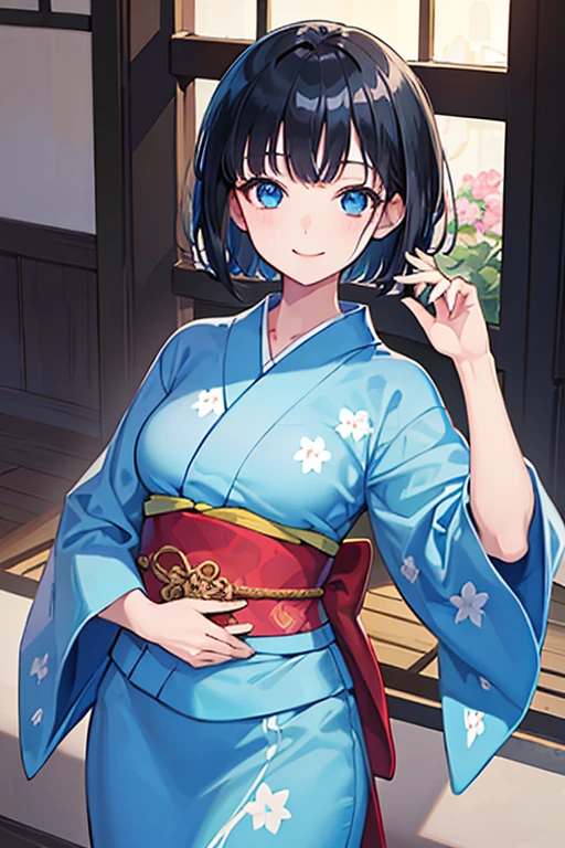 ((Highest quality)), ((masterpiece)), (Familiar), Illustration Style,Perfect Face,1 Girl,Black Hair,Short Hair,Glowing Skin,big, Bright Blue Eyes,Beautiful Bangs,Small breasts,Super Beauty,woman,16 years old,yukata,Beautiful clothes,smile