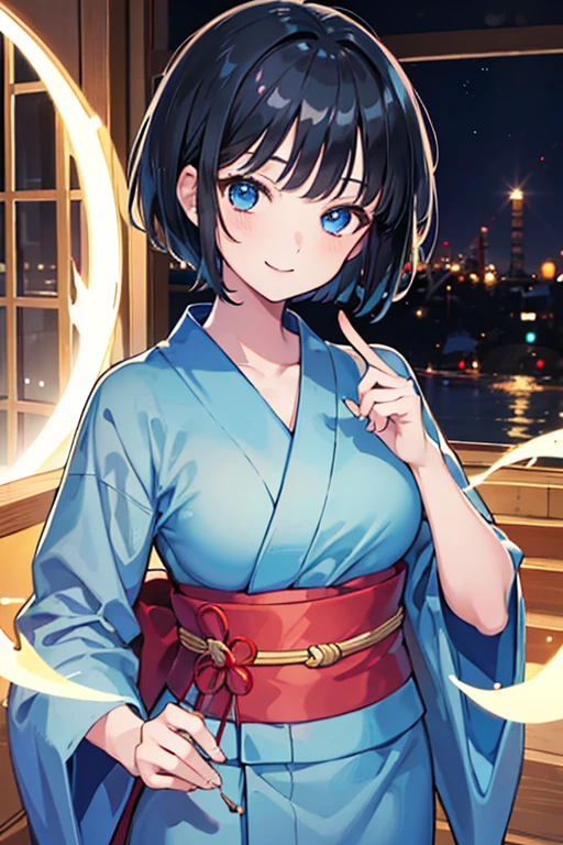 ((Highest quality)), ((masterpiece)), (Familiar), Illustration Style,Perfect Face,1 Girl,Black Hair,Short Hair,Glowing Skin,big, Bright Blue Eyes,Beautiful Bangs,Small breasts,Super Beauty,woman,,yukata,Beautiful clothes,smile