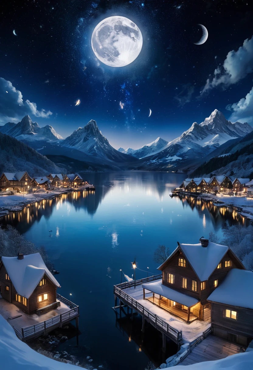 Night view,Wide sea,The city lights are bright in the distance,Reflection,moon,Snow-capped mountains in the distance,galaxy,Star,Sea of Clouds, Beautiful scenery,Ultra-high quality,masterpiece