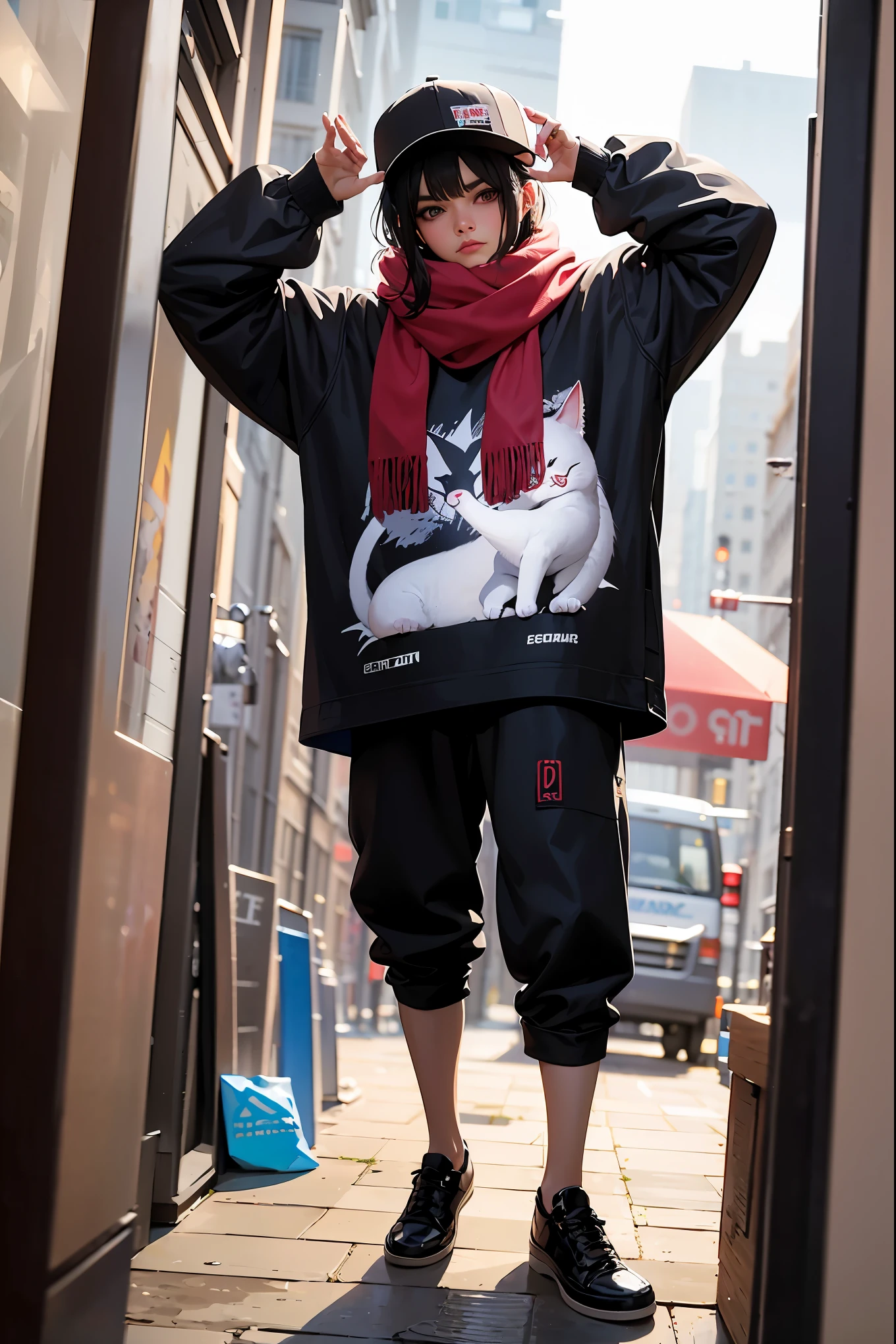 a painting of a cat wearing a hat and scarf, trending in the art station, dressed in punk clothes, detailed hyper realistic rendering, british gang member, street style, intimidating pose, planet of the cats, clothes with fashion, urban samurai, meow, west slavic features, 8 1 5