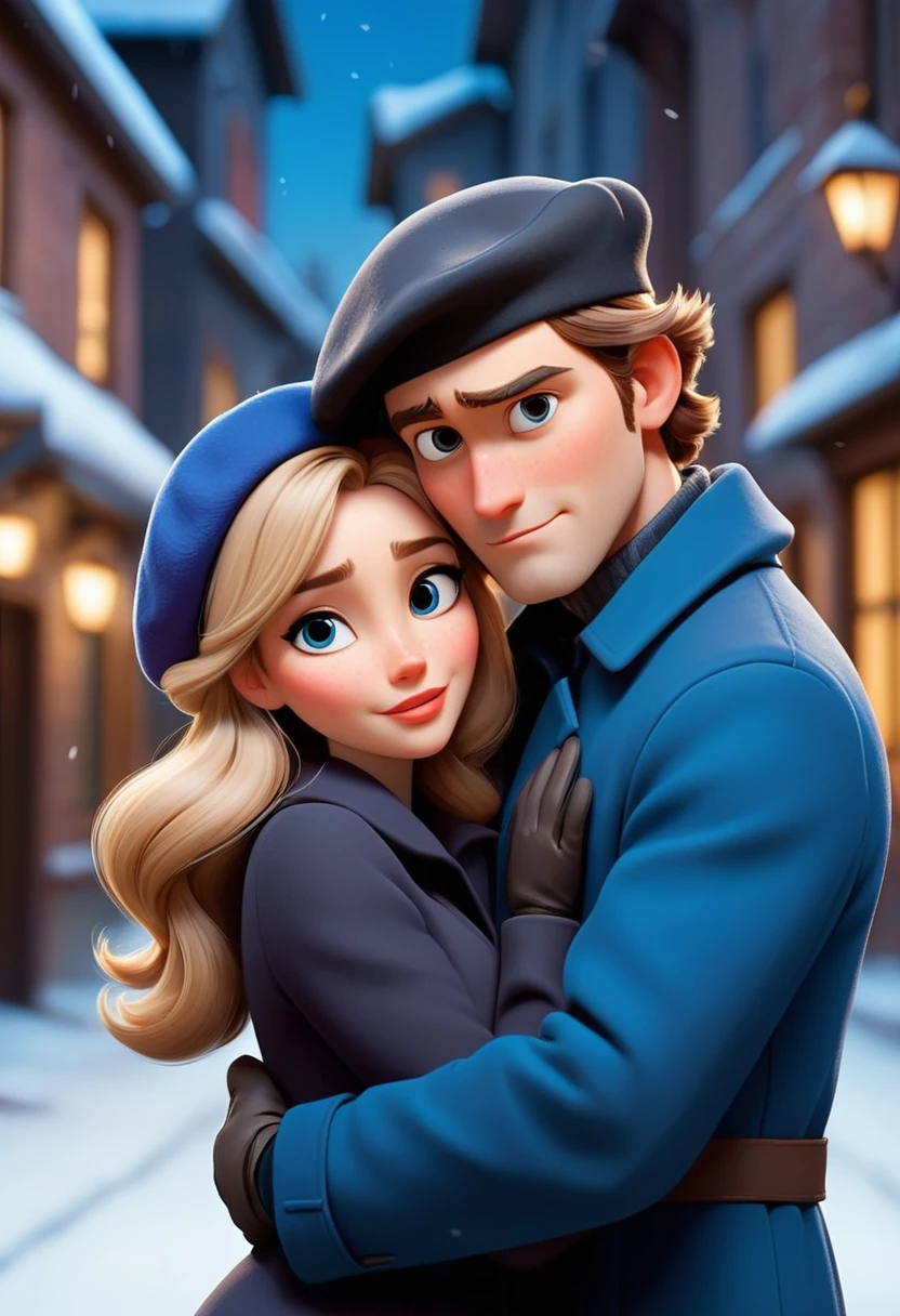 (disney pixar style:1.2) (cute adorable girl:1.1) (adult aged 20:1.), a couple, clad in a blue coat and beret, are embraced in a warm embrace in front of a snowy street scene. the woman, positioned on the left side of the frame, has long, wavy blonde hair and a blue beret. her right arm is draped over the man's shoulder, while her left arm is bent at the elbow. the man, on the right side of the frame, has brown hair and a stern expression. he wears a black coat and a blue beret. the street behind them is covered in snow, with a few houses visible in the distance. the backdrop is a snowy night, with the moon shining brightly in the sky.