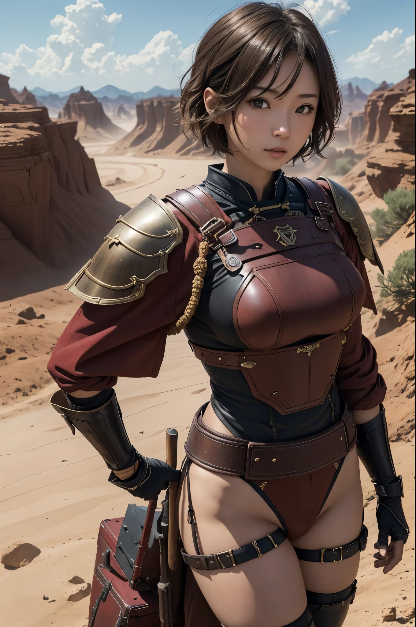 8K,荒れた大地adventure者の衣装,Traveling through the dusty wilderness,Light brown short hair,so beautifulな日本の女性, Red and black large breasted breastplate(Devil's Crest),so beautiful(Like the real thing),Red and black shoulder armor for the left shoulder(Devil's Crest),red and black combat pants,sexy,deviantart artstation cgscosiety, 3D Rendering,Art Station HDのトレンド, Adventure Ultra-Realistic Rendering, Perfect body with realistic shading, Photorealistic perfect body, Ultra-high resolution,high quality,sexy,Brown short hair,Muscular and slim body,Muscular and lean lower body,masterpiece,最high qualityのフォトリアリスティックなRAW写真。Bright colors,Rich colors, Backlight, Cinema Lighting, Film Grain, to be born, 50mm lens, Nikon D850,Realistic Skin,Fantasy art,Character Art,adventure,He has a long and big Japanese sword.,brown combat jacket,red and black gauntlets(Devil's Crest),Battle Scenes,Dynamic pose,Action pose,Big smile,Extremely strong and defined abs,Pump Up,Red and black combat shorts,