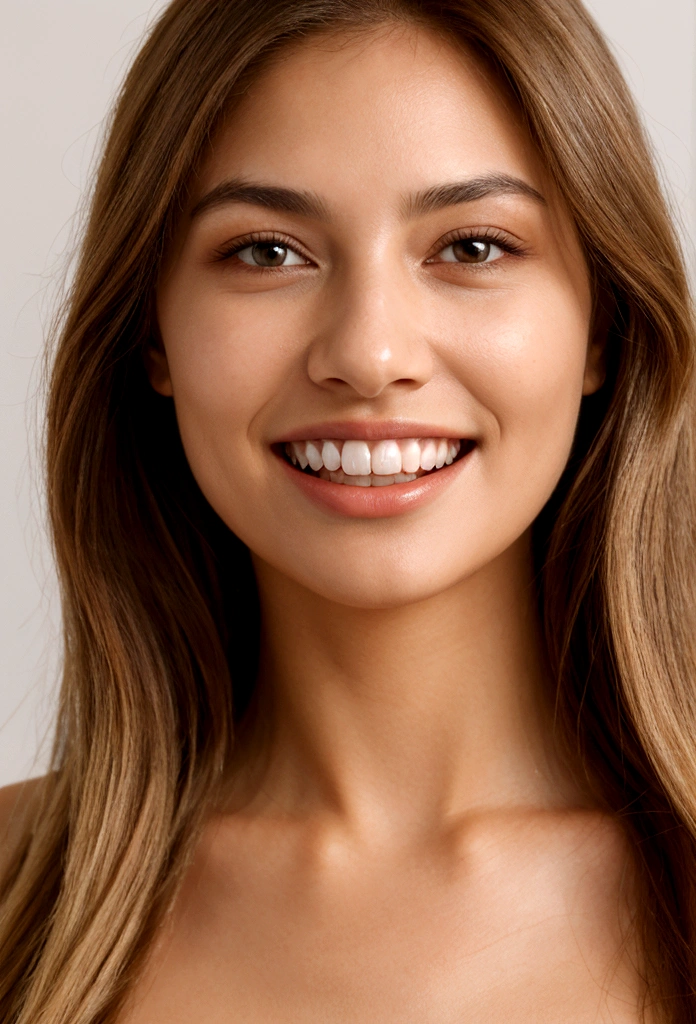 A photorealistic portrait of a young and beautiful 19-year-old woman with light blonde hair, long hair, and brown eyes, American. Epic realism, raw photo, (highly detailed skin:1.2), 8k, DSLR, soft lighting, high quality, film grain, Fujifilm XT3, ultra high resolution, photorealistic:1.4, uhd. The background is blurred to emphasize her face. Her facial features are meticulously detailed: her smooth and clear, slightly tanned skin, well-defined cheekbones, a perfectly shaped nose, a high and smooth forehead, long and thick eyelashes, well-groomed eyebrows, and soft, slightly parted lips. The lighting highlights the natural contours of her face, giving a lifelike and vibrant appearance. She exudes a captivating beauty, with a seductive and alluring expression, sticking her tongue out playfully and giving a fierce, tigress-like look. This dynamic pose makes her appear as a stunning and confident 19-year-old OnlyFans model, radiating sexiness and charisma. She looks very young and shows a full set of beautifully crafted, perfectly aligned teeth, not just the front two, emphasizing her radiant smile and enhancing her overall attractiveness. The teeth are meticulously detailed, with a natural, pearly white shine, showcasing their perfect alignment and pristine condition, similar to professional dental advertisements.