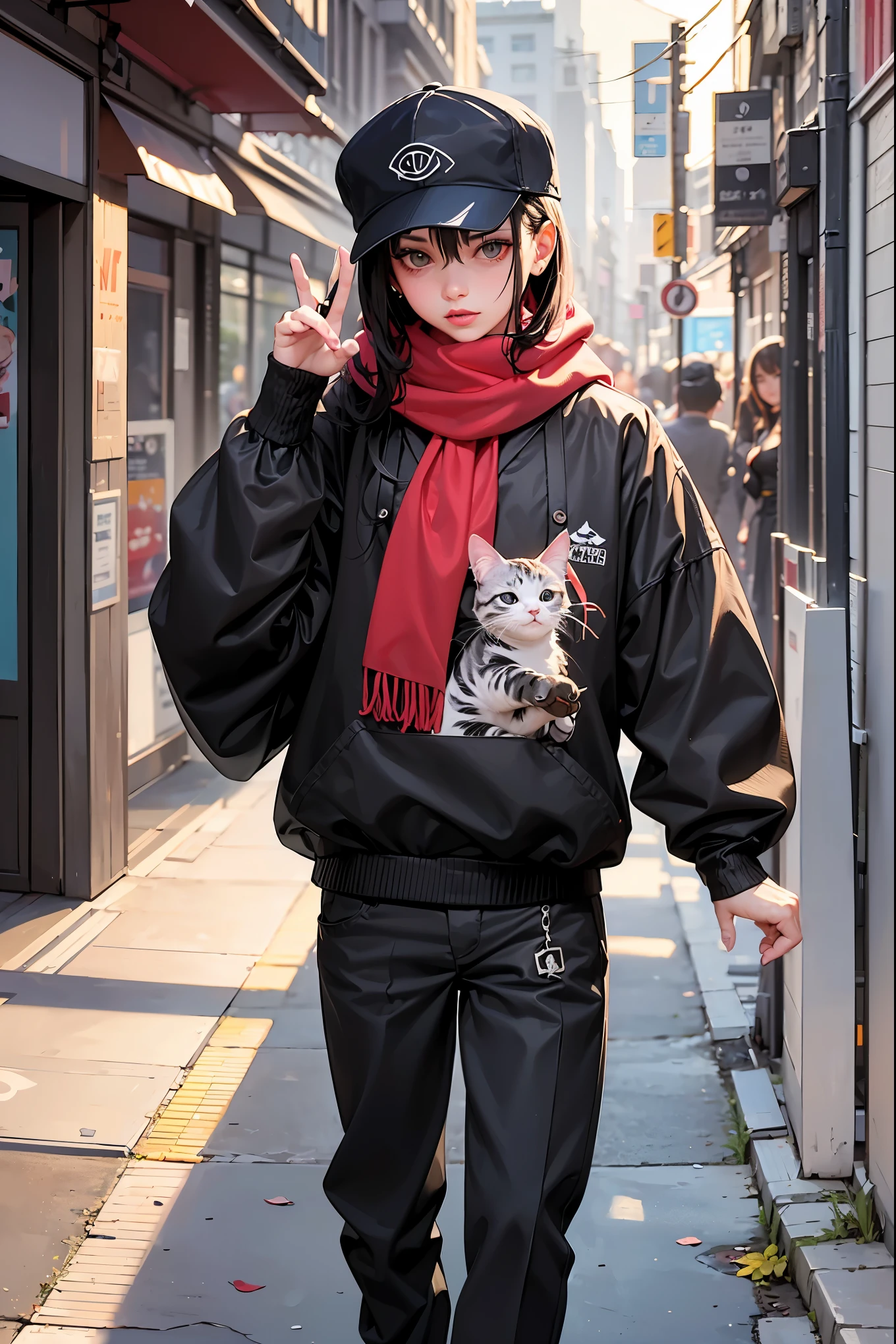 a painting of a cat wearing a hat and scarf, trending in the art station, dressed in punk clothes, detailed hyper realistic rendering, british gang member, street style, intimidating pose, planet of the cats, clothes with fashion, urban samurai, meow, west slavic features, 8 1 5