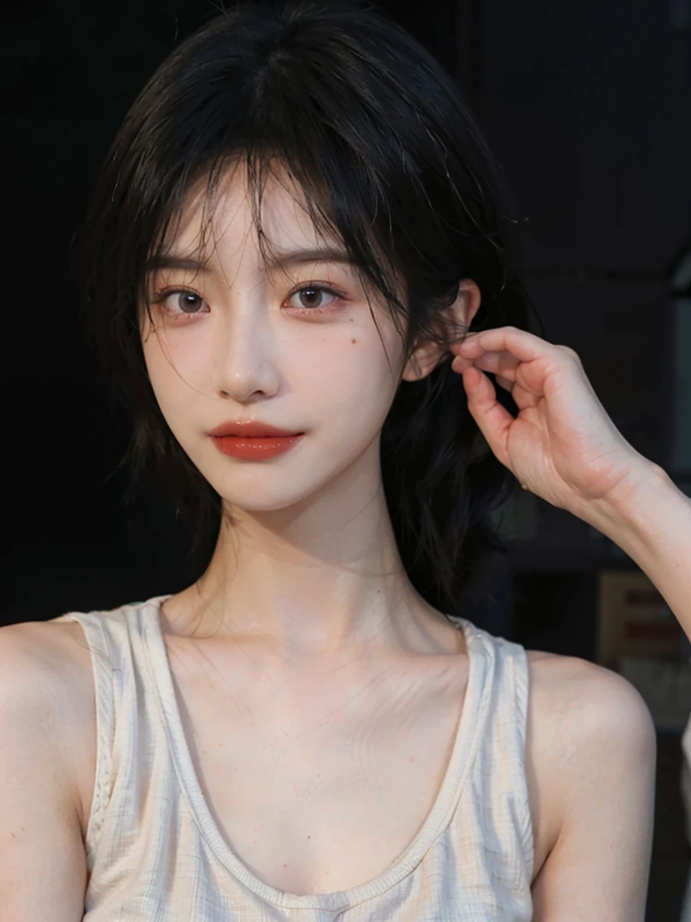 (Skin details:1.4), (smooth skin textures:1.3), Lipstick, background,海滩background, Looking at the audience,earrings, serene, calm, (Realistic and detailed eyes:1.2), Natural skin texture, Realistic facial details, Soft dramatic lighting, Vivid details, 35 mm film, outdoor, (Photo Practical:1.4), (hyper Practical:1.4), (Practical:1.3), (Smoother lighting:1.05), (Improve lighting quality:0.9), (Highest quality real skin textures:1.4), Exquisite eyes, Delicate face, Close-up of face, (Enhance the beauty of skin texture:1.1), Hair details, Vest,normal body ratio, short hair, Moles under the eyes, thinking, A faint smile,公园background,Portrait Photography, Depth of Field, Bokeh, Surrealism, Ray Tracing, (Portrait Photography:1.1), Surrealism, High Detail, Chiaroscuro, Ray Tracing, reflected light, Ultra HD, Ultra HD, masterpiece, Textured Skin, Super Detail, High Detail, high quality, best quality