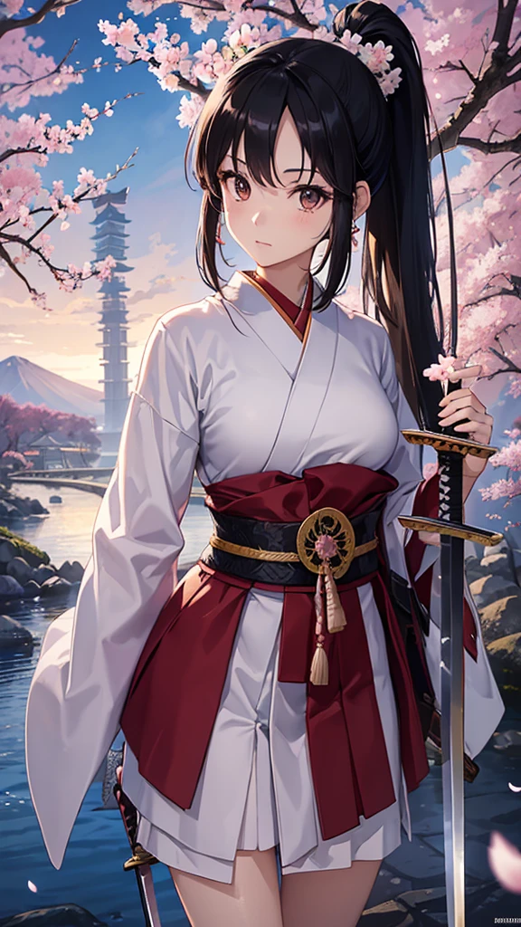 anime,35Year-old beauty、 alone, Black Hair, ponytail、Dark brown eyes, model, (Perfect Anatomy, Anatomically correct, Highly detailed skin), Dcup, Fantasy, cherry blossoms、White costume、(Japanese sword:1.4), Riverside、Beautiful Landscape