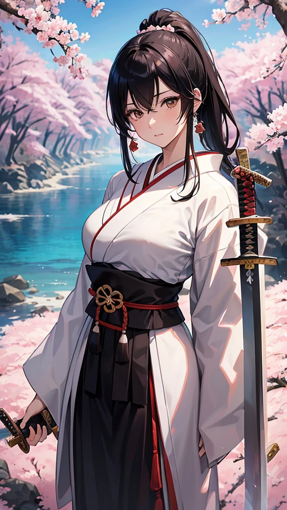 anime,35Year-old beauty、 alone, Black Hair, ponytail、Dark brown eyes, model, (Perfect Anatomy, Anatomically correct, Highly detailed skin), Dcup, Fantasy, cherry blossoms、White costume、(Japanese sword:1.4), Riverside、Beautiful Landscape