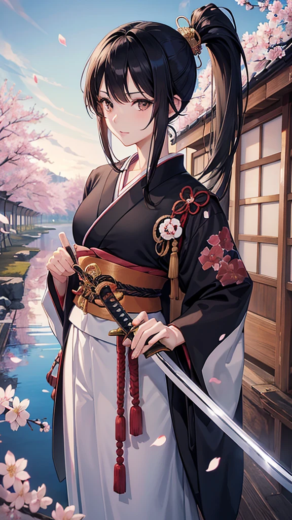 anime,35Year-old beauty、 alone, Black Hair, ponytail、Dark brown eyes, model, (Perfect Anatomy, Anatomically correct, Highly detailed skin), Dcup, Fantasy, cherry blossoms、White costume、(Japanese sword:1.4), Riverside、Beautiful Landscape