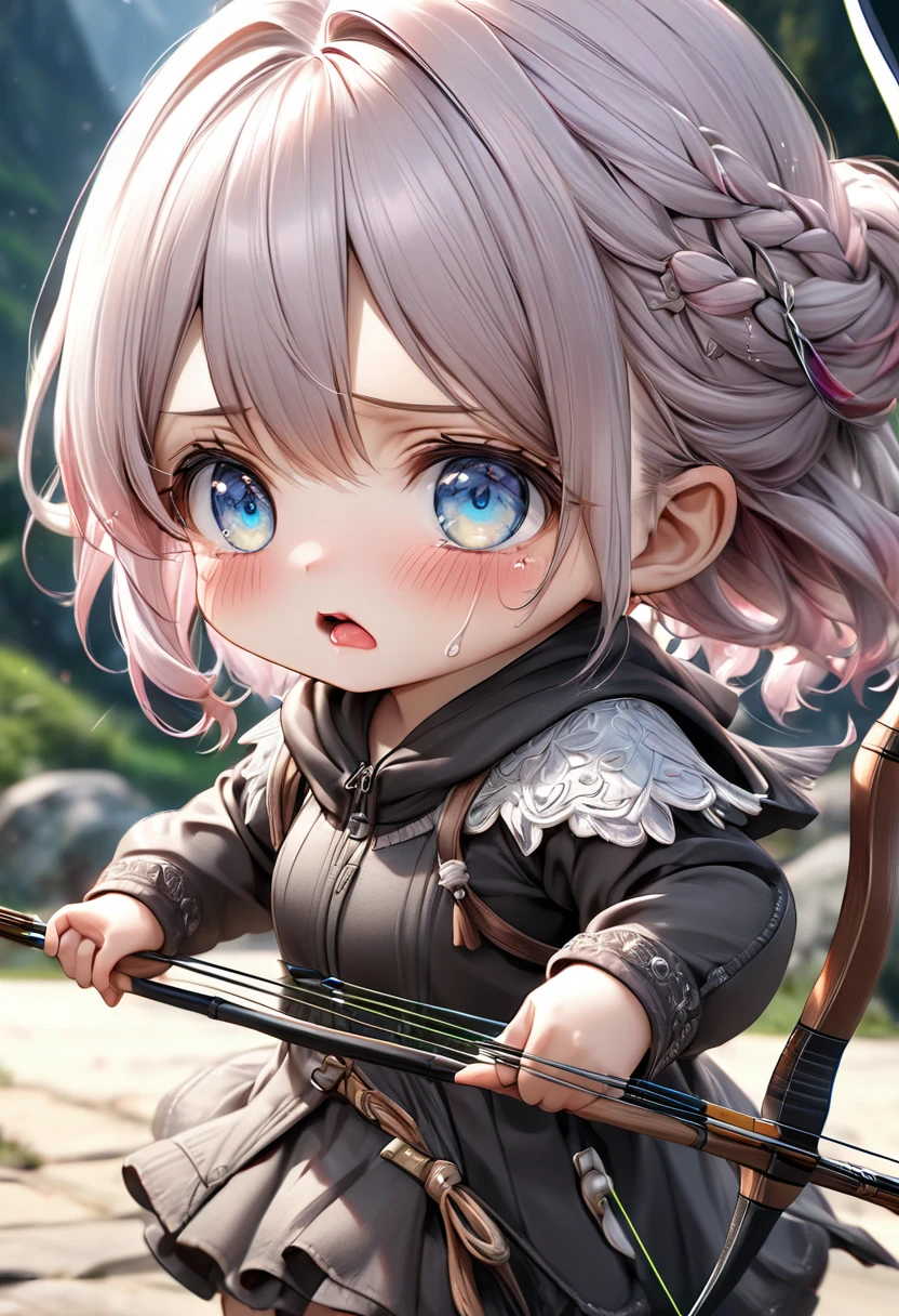 archer,  girl(chibi), panicked face, half crying, detailed eyes, detailed lips, beautiful detailed face, longeyelashes, holding bow, An arrow that failed and bent:1.2, wavey mouth:1.3, detailed clothing, detailed background, (best quality,4k,8k,highres,masterpiece:1.2),ultra-detailed,(realistic,photorealistic,photo-realistic:1.37),digital painting,fantasy,highly detailed,vibrant colors