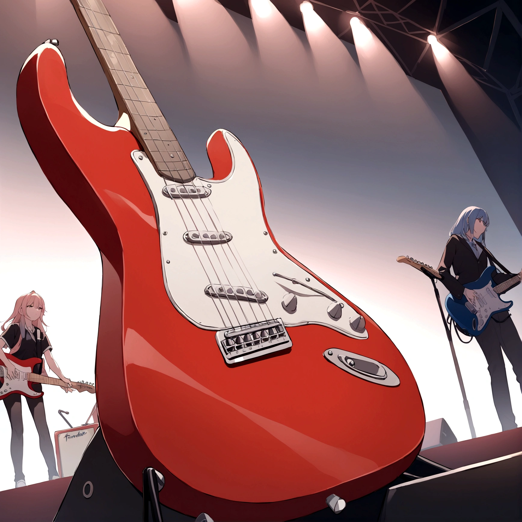 6 strings、There are six pegs、high school girl、Electric guitar、Fender Stratocaster、Big Stage