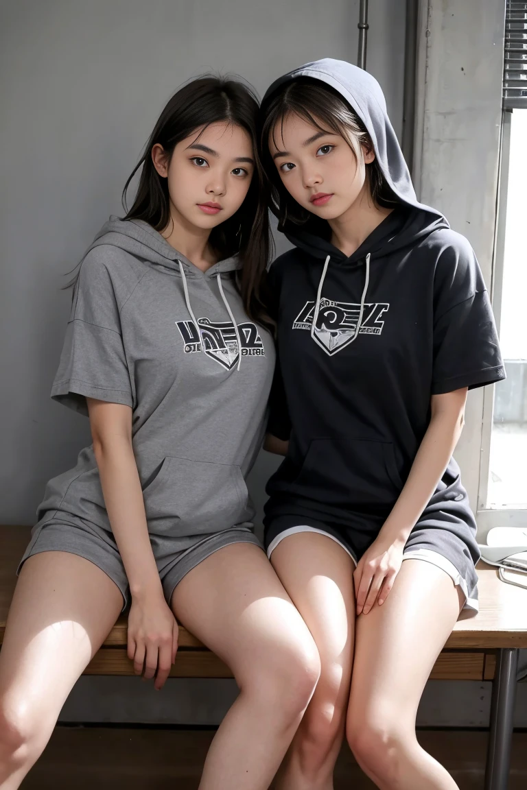 deux femmes ensemble de 18 ans sexy et mince , black short sleeve hoodie , salle de classe, se touche,position sey,sensuel,casquette