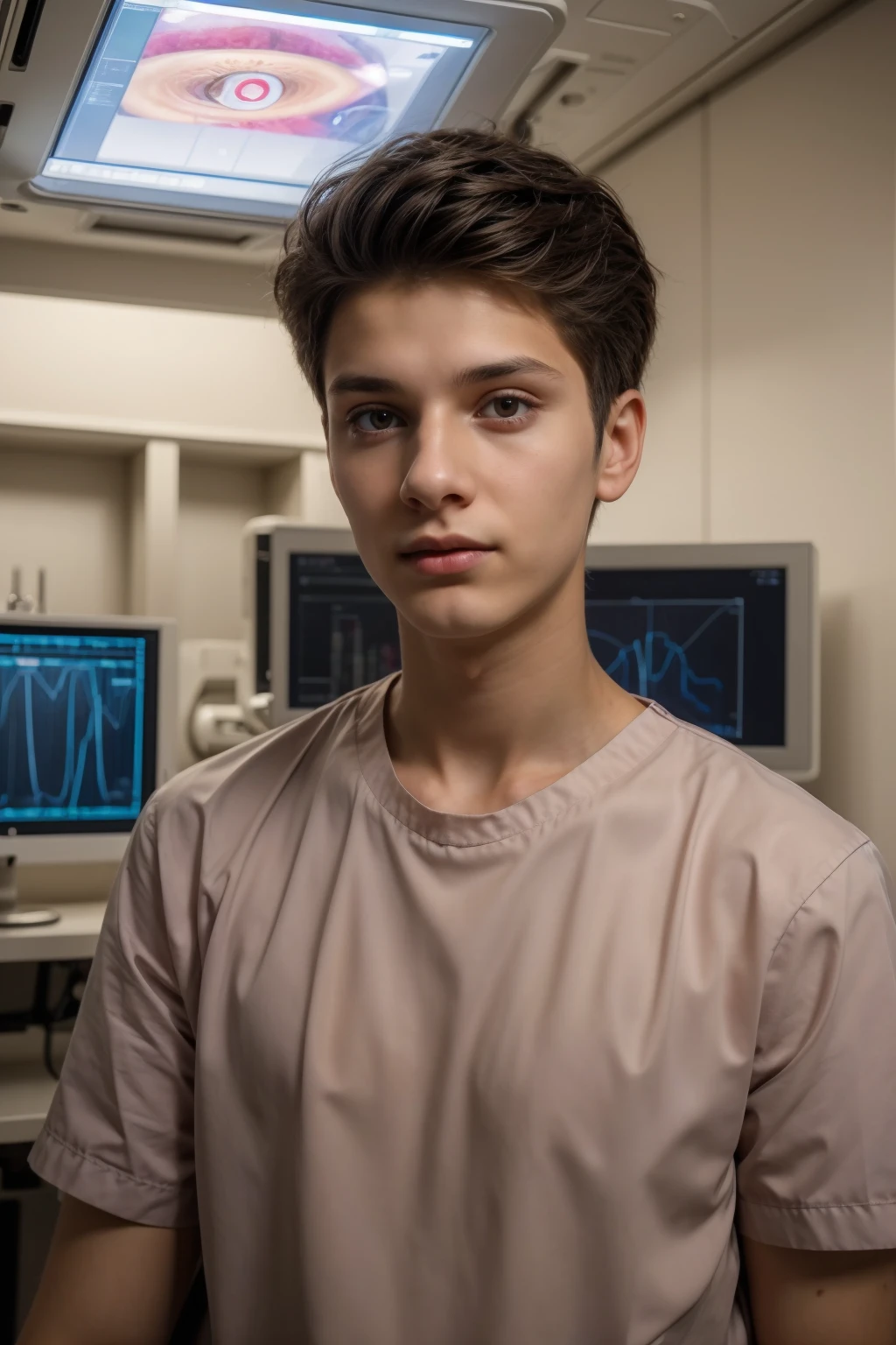 A beautiful young man, a cute male twink, with black hair and wearing a surgical uniform. He is in the surgical theater, and behind him are surgical medical instruments, devices, and monitors with nerve cells, resonance imaging, etc., and he looks on proudly, with a face with reddish makeup.