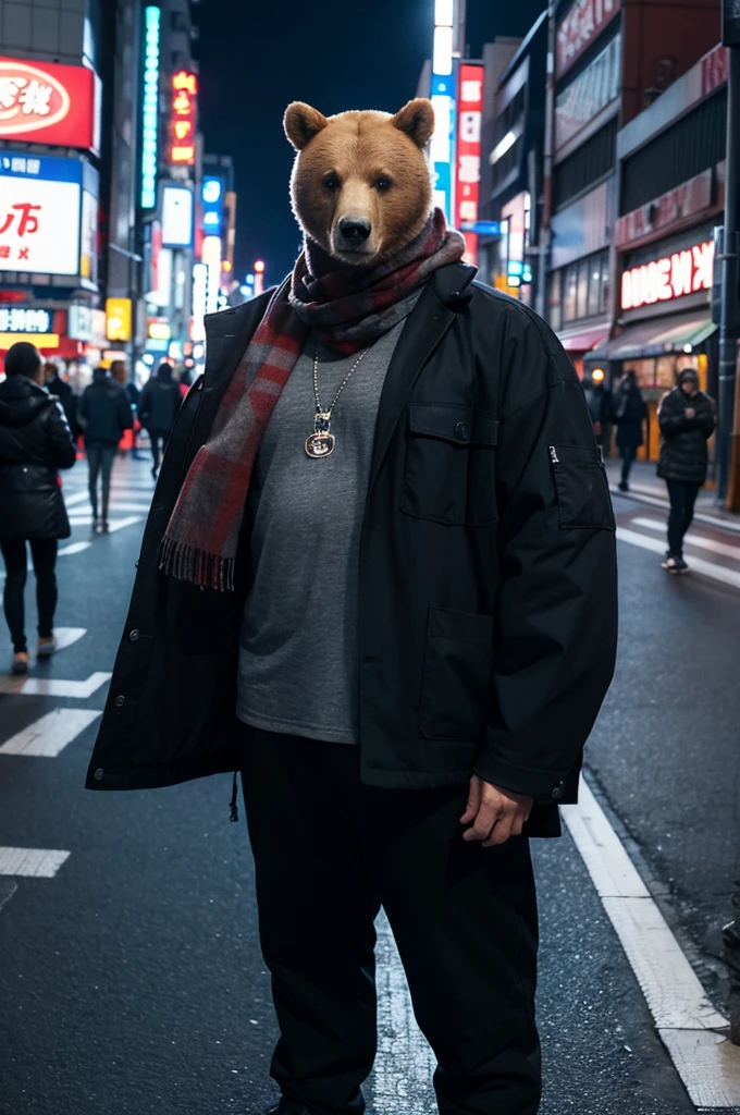 male, Meat strong bear, Solitary, Wearing a jacket, blue eyes, , Wearing a jacket, Pants, scarf, want to, Black shirt, night, City, Tokyo, street, Akihabara, Neon