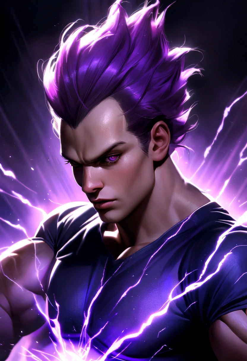 The perfect art of Vegeta's superego, Purple hair and eyes, Wrapped in purple energy and rays, The expression is serious, chiseled muscles, realistic shaded, incredibily detailed, perfect eyes, Perfect hands, full bodyesbian, blue attire, Dark sky in background.