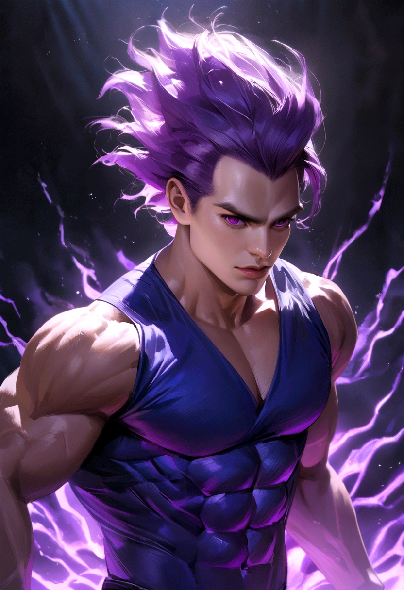 The perfect art of Vegeta's superego, Purple hair and eyes, Wrapped in purple energy and rays, The expression is serious, chiseled muscles, realistic shaded, incredibily detailed, perfect eyes, Perfect hands, full bodyesbian, blue attire, Dark sky in background.