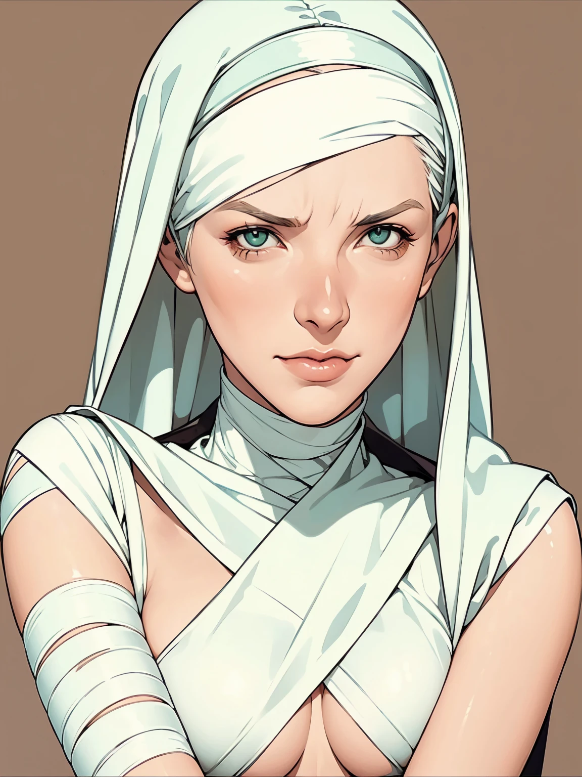 (((Annie Lennox))), (((l mint and coffee ))), (scars), (((Bandaged body))), ((nun's hood)), (((nun))), (((best qualityer: 1.4))), (Unbeatable masterpiece), (hiper HD),(CG 8k hyper-realistic), (((brave face))), (((breasts big))), (((hyper feminine))), sexly girl, Tron,(black bob hair)), ((( sculptural body ))), (((1 Kizi))), Kizi cibernética de 25 anos com perfectbody,,Beautiful and well-groomed face,muscular body:1.2,solid color detailed jacket, (Head to thigh photos), Complex equipment, green dark,long pants,Tight clothes are dark,With white stars and off-white stripes,,,,,Armor Metal Electronic Parts, Poison tattoos ) INFO, Kizi, (((standing alone))), pirralha violent, (((14歳))), sexly, pose de atitude, work of art, post-apocalypse, (((manga style))), bounty hunter, violent, Manic, the way you want, slenderbody, thin but strong, perfectbody, roupa moderna, advanced technology, neon, sleeves with vertical striped pattern, neutral background, (( cowboy shot )). intricate visual