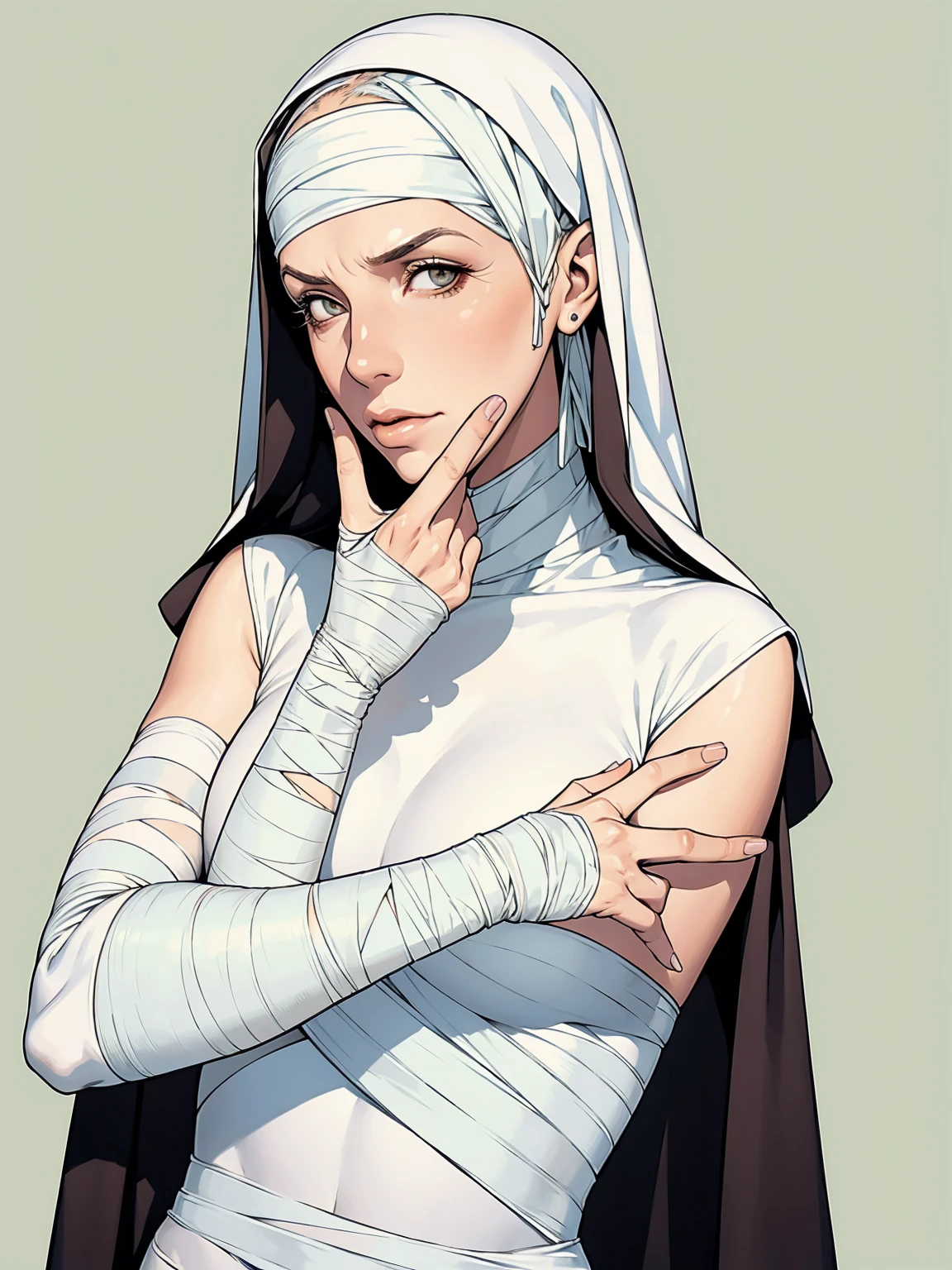 (((Annie Lennox))), (((l mint and coffee ))), (scars), (((Bandaged body))), ((nun's hood)), (((nun))), (((best qualityer: 1.4))), (Unbeatable masterpiece), (hiper HD),(CG 8k hyper-realistic), (((brave face))), (((breasts big))), (((hyper feminine))), sexly girl, Tron,(black bob hair)), ((( sculptural body ))), (((1 Kizi))), Kizi cibernética de 25 anos com perfectbody,,Beautiful and well-groomed face,muscular body:1.2,solid color detailed jacket, (Head to thigh photos), Complex equipment, green dark,long pants,Tight clothes are dark,With white stars and off-white stripes,,,,,Armor Metal Electronic Parts, Poison tattoos ) INFO, Kizi, (((standing alone))), pirralha violent, (((14歳))), sexly, pose de atitude, work of art, post-apocalypse, (((manga style))), bounty hunter, violent, Manic, the way you want, slenderbody, thin but strong, perfectbody, roupa moderna, advanced technology, neon, sleeves with vertical striped pattern, neutral background, (( cowboy shot )). intricate visual