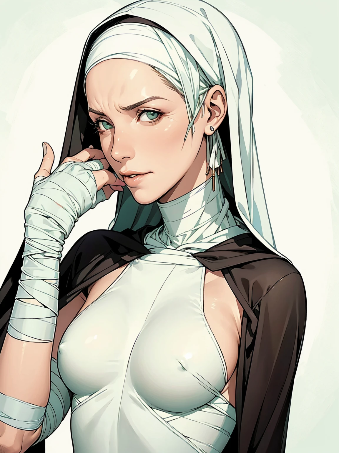 (((Annie Lennox))), (((l mint and coffee ))), (scars), (((Bandaged body))), ((nun's hood)), (((nun))), (((best qualityer: 1.4))), (Unbeatable masterpiece), (hiper HD),(CG 8k hyper-realistic), (((brave face))), (((breasts big))), (((hyper feminine))), sexly girl, Tron,(black bob hair)), ((( sculptural body ))), (((1 Kizi))), Kizi cibernética de 25 anos com perfectbody,,Beautiful and well-groomed face,muscular body:1.2,solid color detailed jacket, (Head to thigh photos), Complex equipment, green dark,long pants,Tight clothes are dark,With white stars and off-white stripes,,,,,Armor Metal Electronic Parts, Poison tattoos ) INFO, Kizi, (((standing alone))), pirralha violent, ((())), sexly, pose de atitude, work of art, post-apocalypse, (((manga style))), bounty hunter, violent, Manic, the way you want, slenderbody, thin but strong, perfectbody, roupa moderna, advanced technology, neon, sleeves with vertical striped pattern, neutral background, (( cowboy shot )). intricate visual