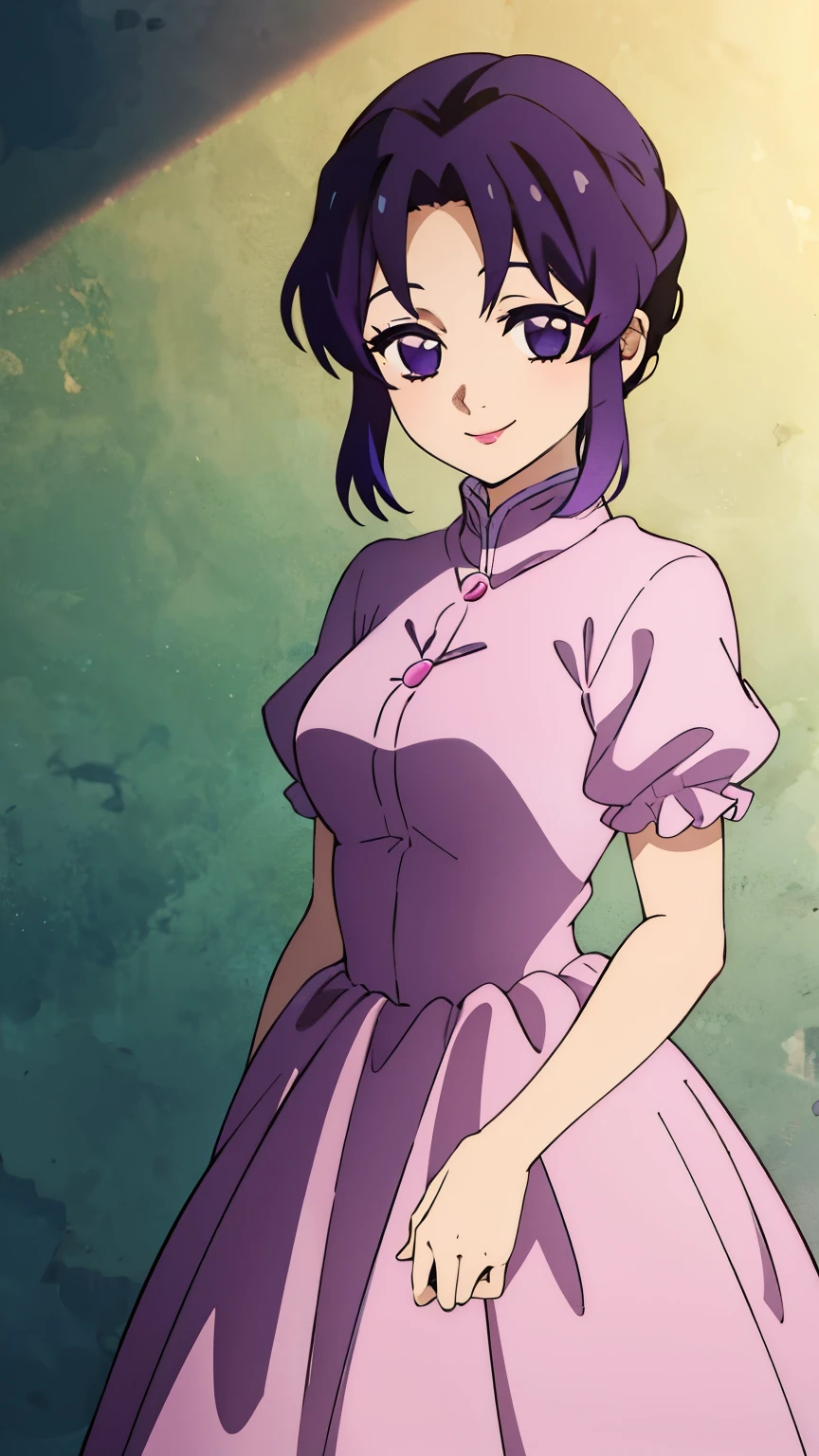 (Top Quality, 8K, High Resolution, Masterpiece: 1.2), Anime, Shinobu Kocho, 1 Girl,solo, Perfect Face, Perfect Eyes, Soft Expression, Medium Breasts, Purple Hair, Short Hair,large butterfly hair clip, Pretty Parted bangs, purple eyes, narrow eyes, ((pink princess dress, smile, cowboy shot)), viewer appreciation,