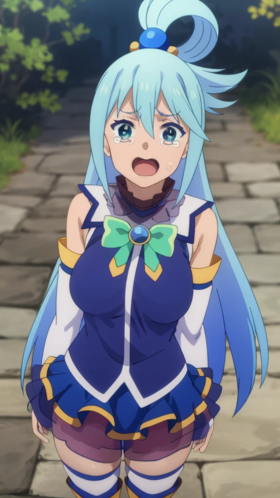 {{{masterpiece}}}, {{{best quality}}}, {{ultra-detailed}}, {illustration}, {{an extremely delicate and beautiful}}, (beautiful detailed eyes:1.6), extremely detailed face, 8k, anime face, 18 years old, aqua (konosuba)1girl, long hair, blue eyes, hair ornament, very long hair, blue hair, bangs, hair rings, single hair ring, hair bobbles, skirt, shirt, thighhighs, bare shoulders, detached sleeves, white sleeves, white thighhighs, blue skirt, petticoat, blue shirt, green bow, blue long boots, large breasts, thighs, zettai ryouiki, BREAK, aquascreaming, screaming, open mouth, crying with eyes open, water eye, ringed eyes, medium shot, from above, daytime, field