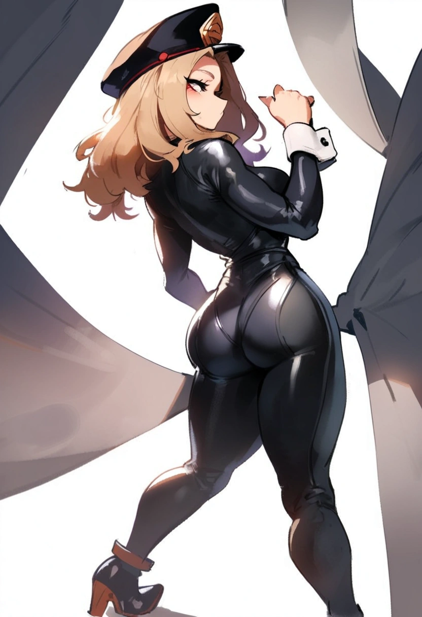 1girl, utsushimi kemii, boku no hero academia \\\\\ masterpiece, best quality, very aesthetic, absurdres, newest \\\\\\ slim body,///// by dodok,by nyantcha,cutesexyrobutts , by khyle,,//////light brown hair  , cap,  black catsuit . She wears white cuffs around her wrists,,standing, , (rear view:1.2), ass view,, ,pov.  white background, simple background
