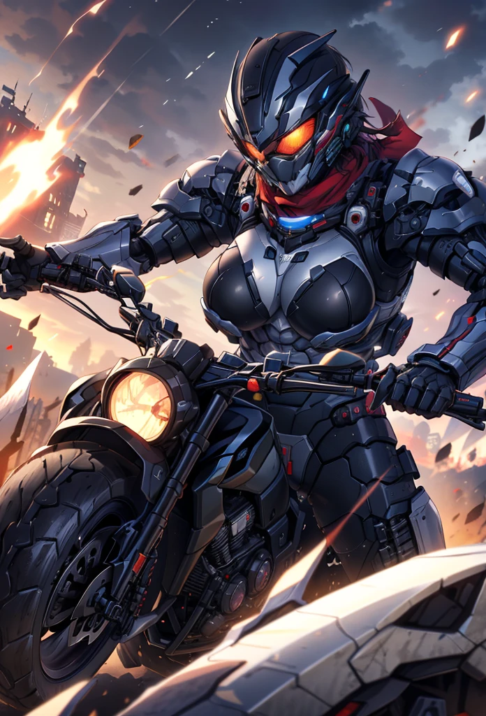 (masterpiece:1.2), best quality, high resolution, extremely detailed CG, absurdres, highres,1girl, solo, ((female)), ((breasts)), black powersuit,  black armor, on a cyber motorcycle, red_scarf, mecha_armored, mecha_belt, headgear