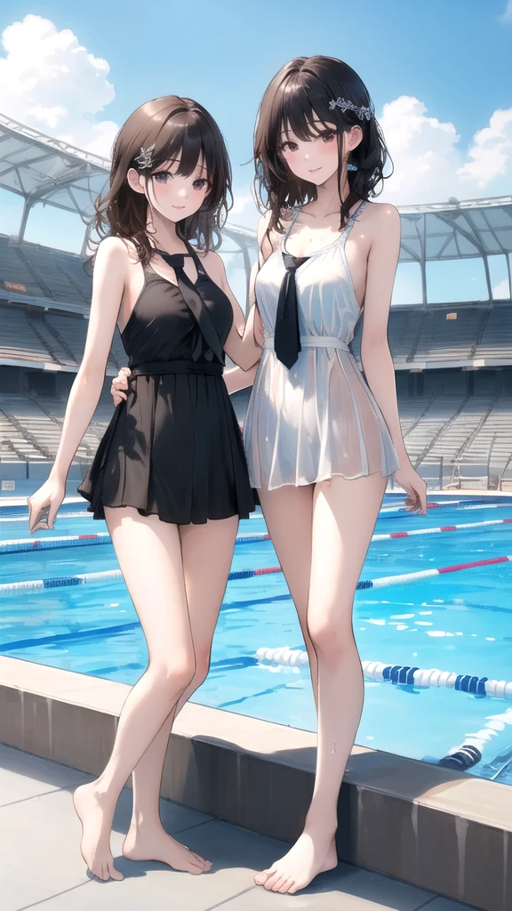 ((masterpiece,Highest quality)),Two Girls, Swimsuit, High leg,, Black Hair, Poolside, Day, Swimming Stadium, ,Tie-up hair, View your viewers, Recall, Multiple Girls, heart, Outdoor, Brown Hair, barefoot,  stage, Are standing, Soaking wet, glamorous、Sexy pose