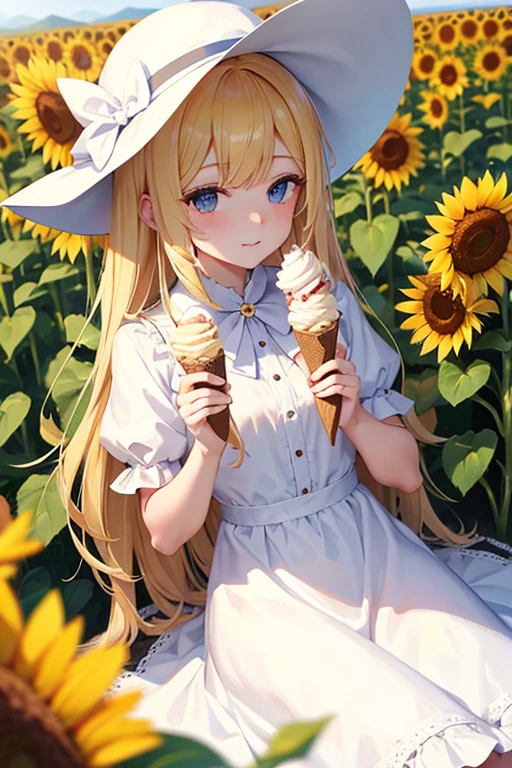 Sunflower field, long blonde hair, ice cream, white hat, white ribbon dress