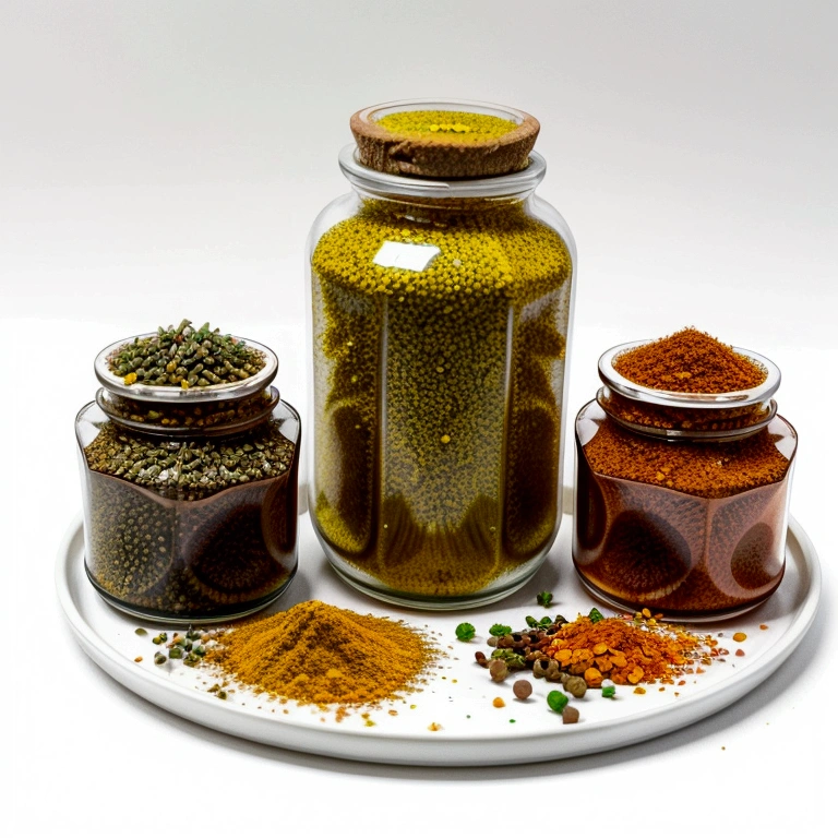 (masterpiece)), ((best quality:1.2)), ((watercolor)), ((vibrant color))), ((minimalist)), surrounded with ((negative space)), ((solid white background)), a wooden tray full of a lot of spices in many different type of container and small jar, cooking spices, turmeric, galangal, red chilies, green chilies, shallots, coriander, lemongrass, cloves, tamarind, garlic, whole grains, green beans, ginger, salt,,((no Clipping)), ((no shadow clipping)), ((no object clipping)), (((solid white background))), very subtle shadow, (perspective view),