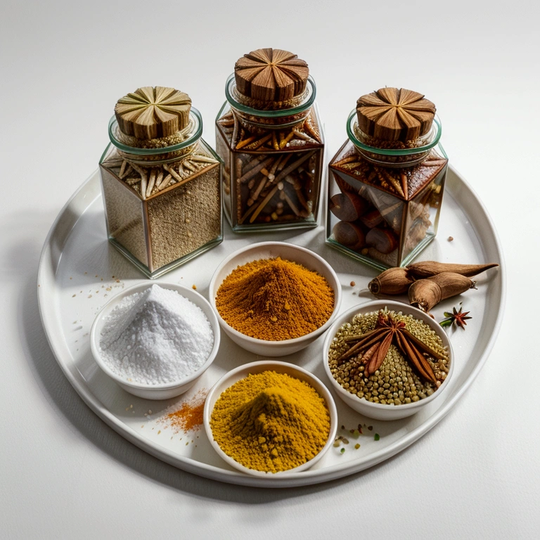 (masterpiece)), ((best quality:1.2)), ((watercolor)), ((vibrant color))), ((minimalist)), surrounded with ((negative space)), ((solid white background)), a wooden tray full of a lot of spices in many different type of container and small jar, cooking spices, turmeric, galangal, red chilies, green chilies, shallots, coriander, lemongrass, cloves, tamarind, garlic, whole grains, green beans, ginger, salt,,((no Clipping)), ((no shadow clipping)), ((no object clipping)), (((solid white background))), very subtle shadow, (perspective view),