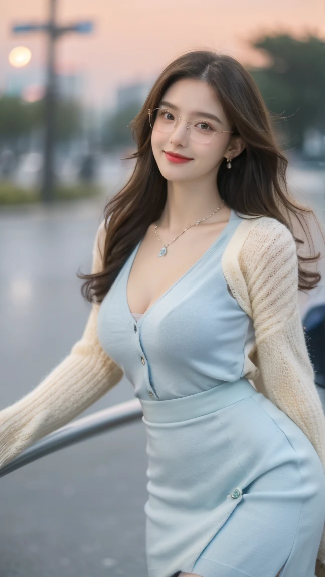 (Canon RF85mm f/1.2), (8K, original photo, best quality), (masterpiece), (Practical, photograph Practical), (Extremely detailed, High Detail, Best image quality, Very detailed, high resolution, Very detailed, Extremely detailed的描述, very good, Extremely exquisite and beautiful work), Beautiful and delicate girl, full body, ((Perfect body)), （Do not show cleavage），((Cardigan，Wedding dress)),((Blue Skirt)) ((Green pantyhose)), ((bud)),Very detailed eyes and face, White skin, Noble and beautiful, ((Delicate skin texture, Pores)), Perfect anatomical structure, Beautiful body, Delicate face, Slim abdominal muscles, Slim waist), Big Ass, (Large Breasts, Breast enlargement), (Soulful gaze, soulful eyes, Glowing eyes), (Beautiful clear eyes), (Bounce Curly Messy Long Hair), (Smile:1.2), (Fascinated expression), (Beautiful appearance), ((wear glasses)), earrings, necklace, ((night)), ((Street View, moonlight)), Physically Based Rendering, Realistic lighting, ((Looking at the audience)), ((Everlasting)), ((Happy and shy))
