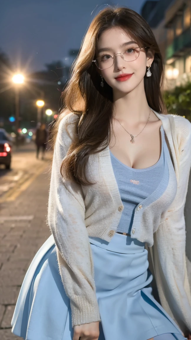 (Best quality at best, 4K, 8K, A high resolution, tmasterpiece:1.2), ultra - detailed, (actual, realistic, Photorealistic:1.37), (masterpiece, best quality, High detail, Best image quality, super detailed, high resolution, Very detailed, Best quality, Extreme detail description, hyperdetailed painting), An extremely delicate and beautiful work, Beautiful detailed girl, ((standing)), hazy beauty, very detailed facial, delicate face, adorable, detailed skin structure, fair skin, perfect anatomy, ((perfect body)), Beautiful detailed whole body, lovely lips, Behind the softness, ((slim waist)), ((deep v big breasts, Bulging breasts), (Beautiful detailed eyes, soulful eyes, realistic eyes, beautiful and clear eyes:1.1), shiny color hair, ((bouffant curled long hair)), ((smile:1)), ((Alluring)), ((Enchanted expression:1.1)), (seductive look:1.1), (Enchanted pose:1.1), ((An extremely detailed white Shirt and Jean jacket), (see-through shirt), head gear, highly detailed, delicate necklace, Delicate earring, ((view over city, midnight)), (dark scene), physically-based rendering, ((the body from the thighs up)), (looking at viewer)
